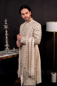 Embroidered Mandarin Collar Satin Sherwani Set