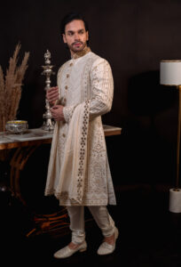 Off White Chikankari Embroidered Sherwani Set