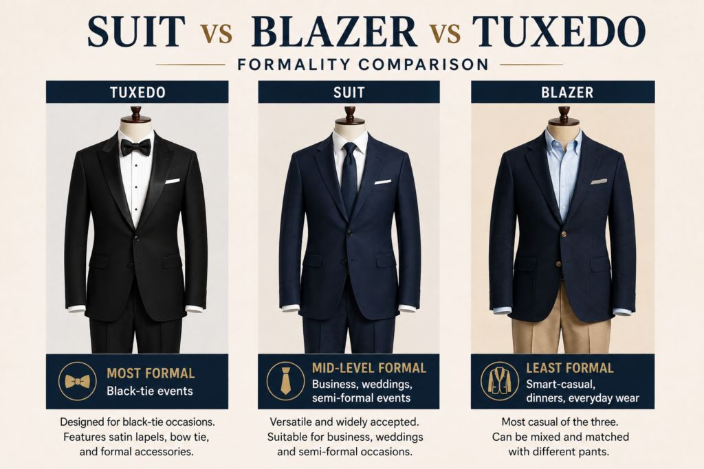 tuxedo vs suit vs blazer